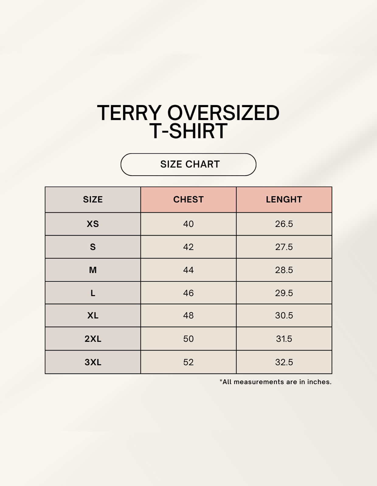 french terry tshirt size chart